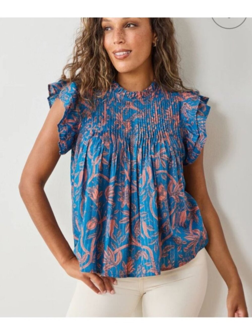 Printfresh When In Doubt Ruffle Blouse 2X Turquoise Blush Floral Organic Cotton